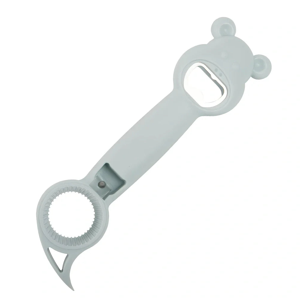 Bear-shaped 4-in-1 stainless steel bottle opener in gray blue, 21 cm long for jars cans and beers