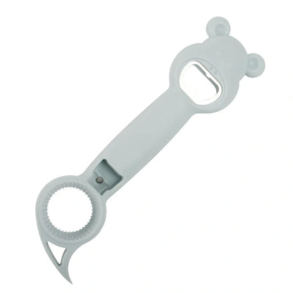 Bear-shaped 4-in-1 stainless steel bottle opener in gray blue, 21 cm long for jars cans and beers