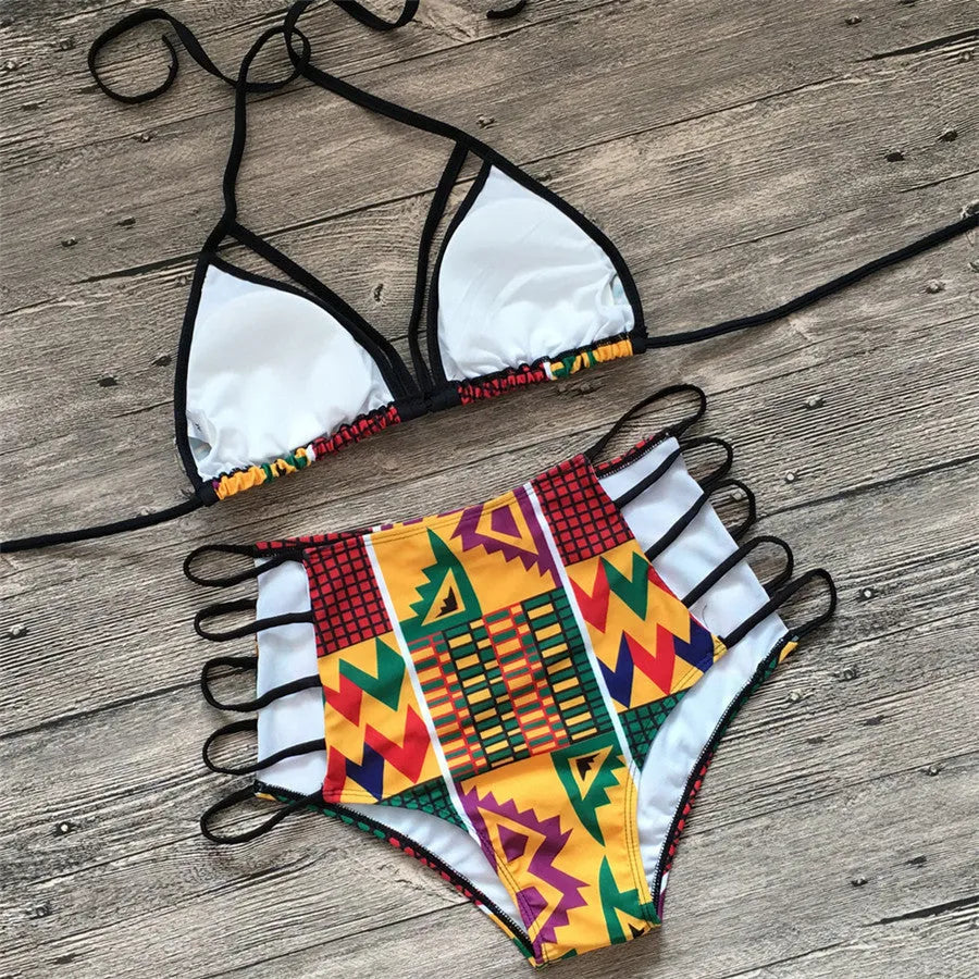 Women's digital print split bikini swimsuit with high-waist briefs and backless design