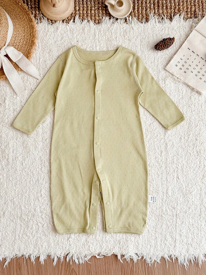 Pure cotton baby romper in blue with long sleeves and single-breasted closure, showing long climbing style design