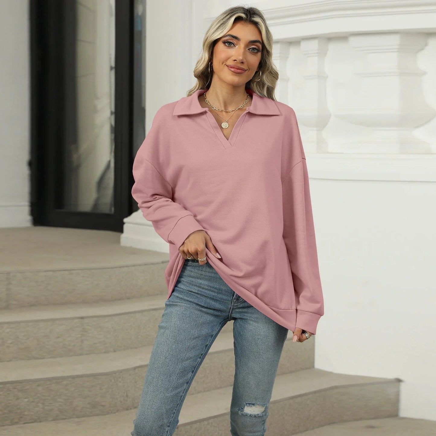 Stylish women's V-neck lapel sweatshirt in various colors