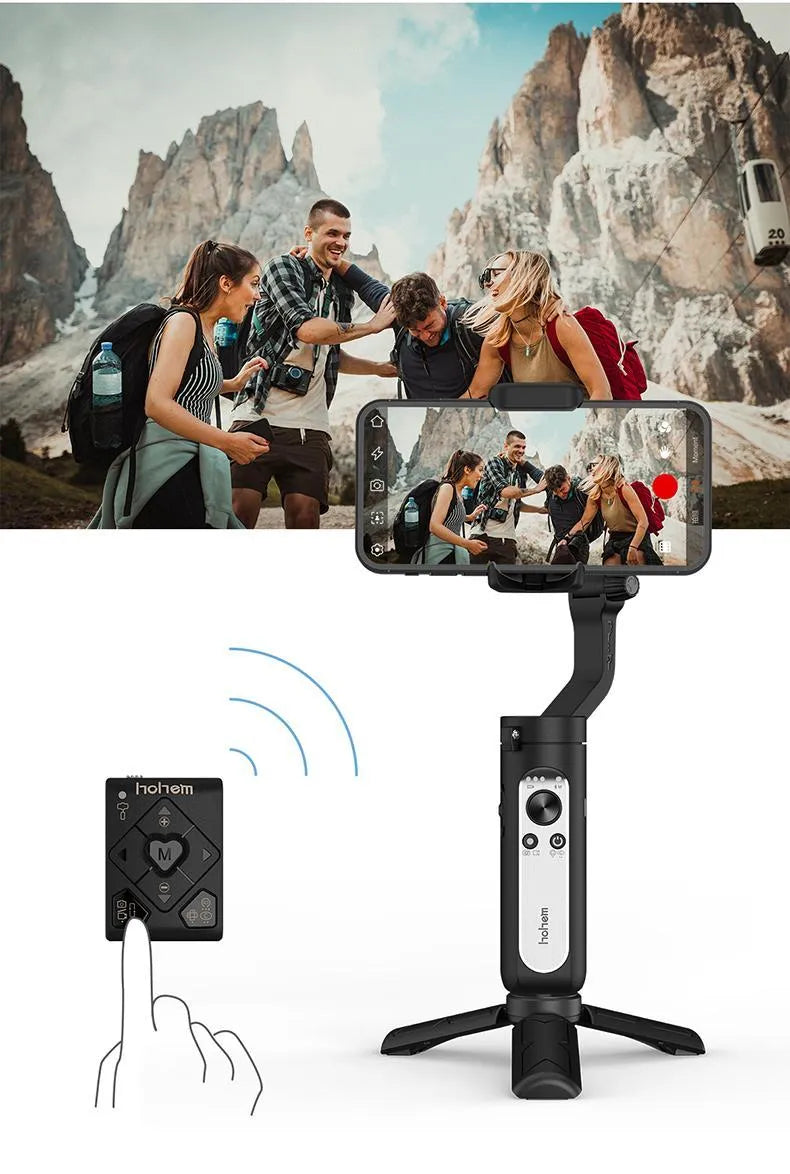 Mobile Phone PTZ Stabiliser with Three-Axis Gimbal for Smartphone Selfie Stick Camera Support - Compact Folded Size of 179x79x39mm, Plastic Construction, USB Powered