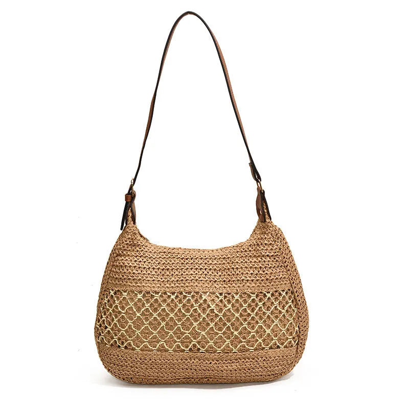 Women's casual straw cross body bag in khaki colour with sandwich pocket design