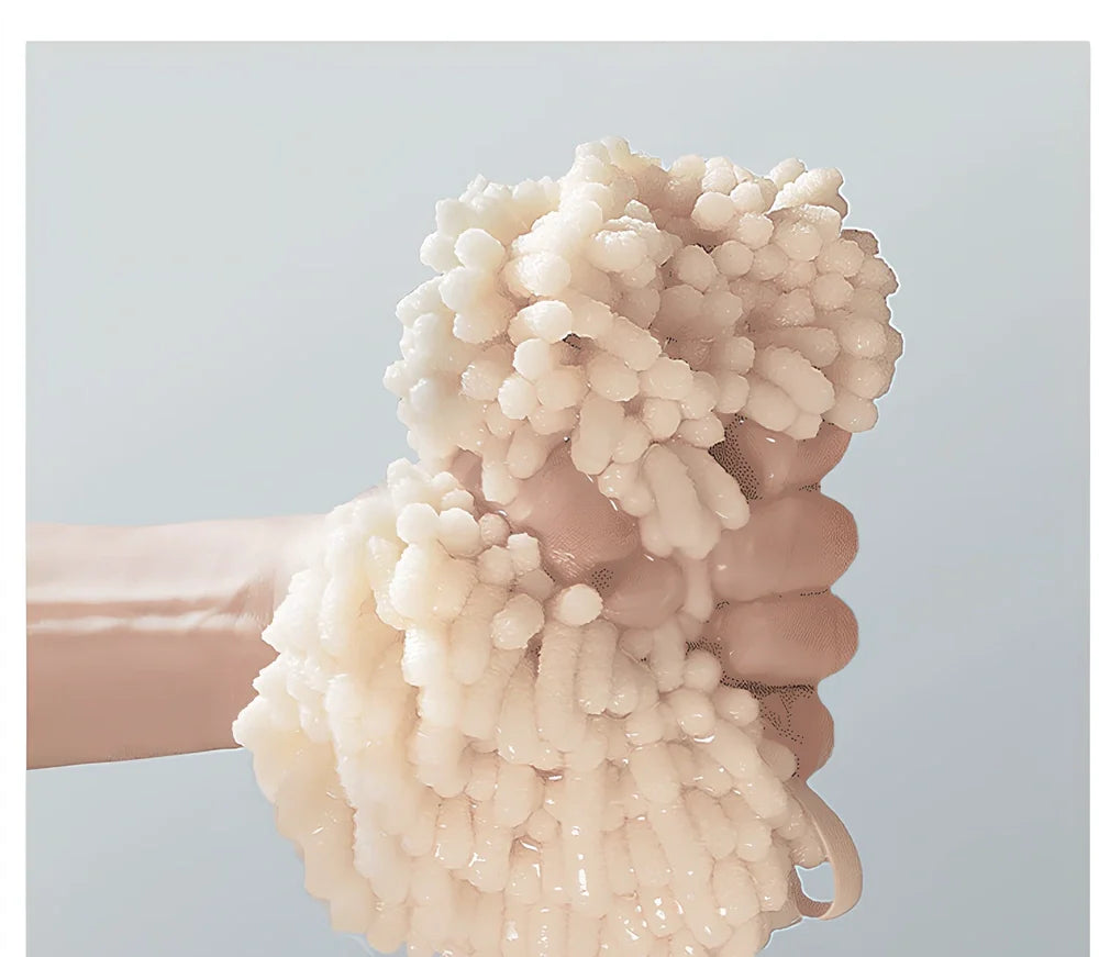 Beige chenille hanging hand towel with integrated loop for quick drying