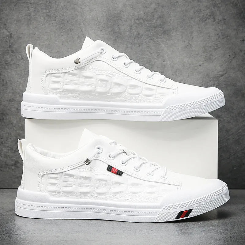 Men's white round-toe lace-up casual sneakers with a PU leather upper and rubber sole.