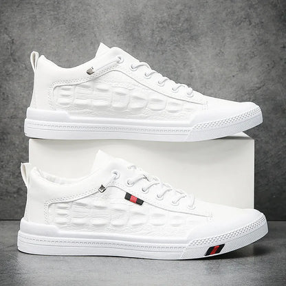 Men's white round-toe lace-up casual sneakers with a PU leather upper and rubber sole.