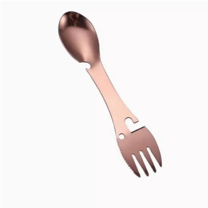 Stainless steel cutlery spoon with five functions: spoon, fork, knife, bottle opener, can opener