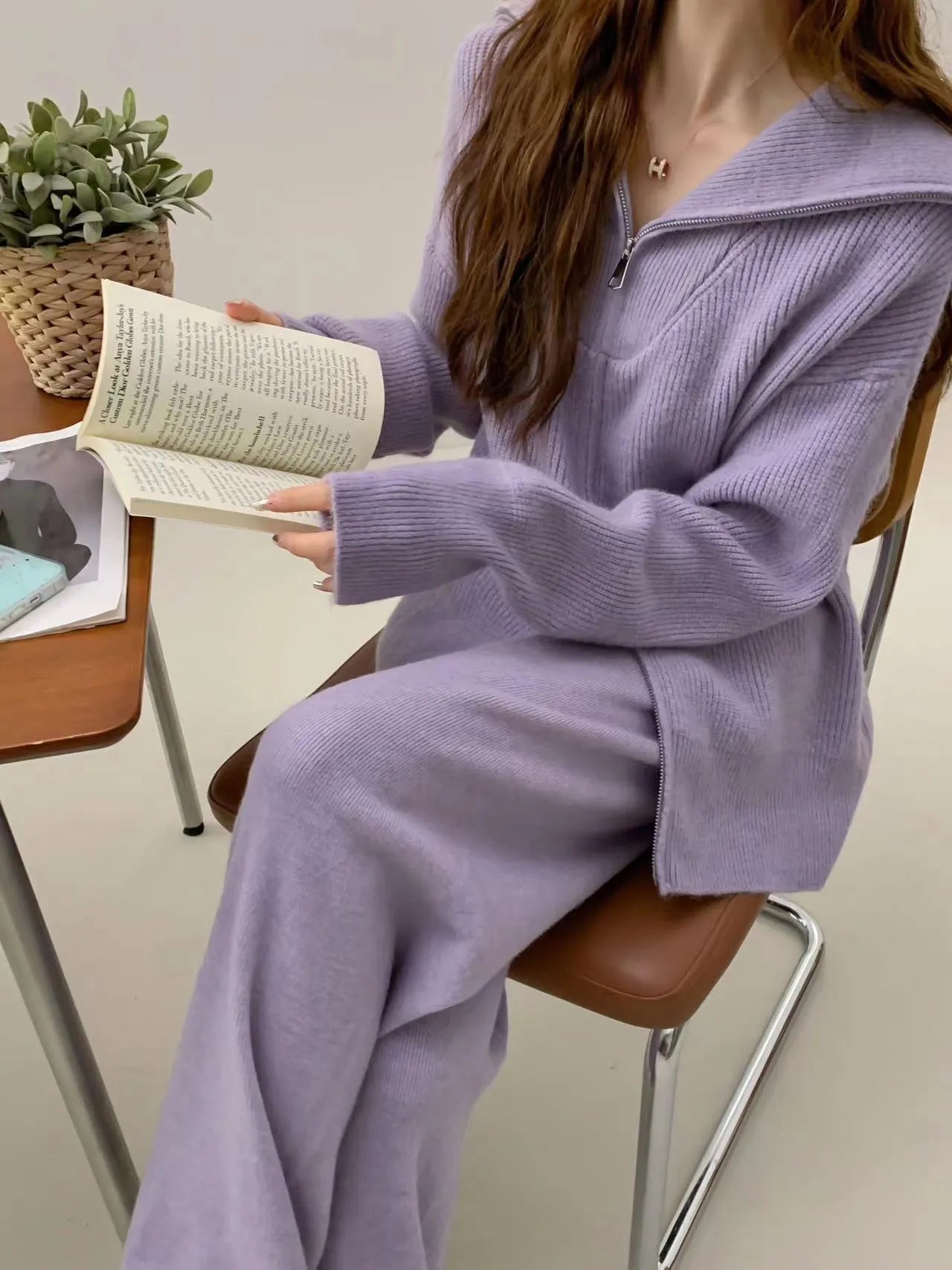 Knitted zipper cardigan and wide leg pants two-piece set in solid colour with collage stitching details