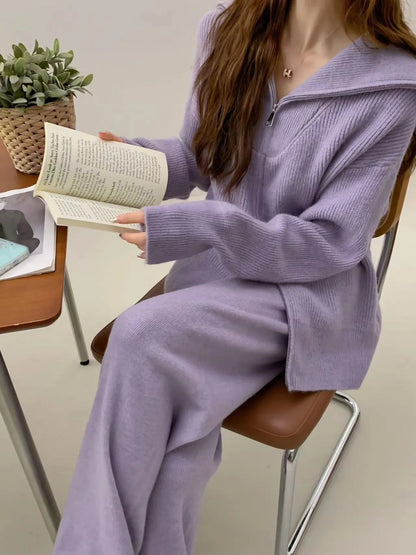 Knitted zipper cardigan and wide leg pants two-piece set in solid colour with collage stitching details