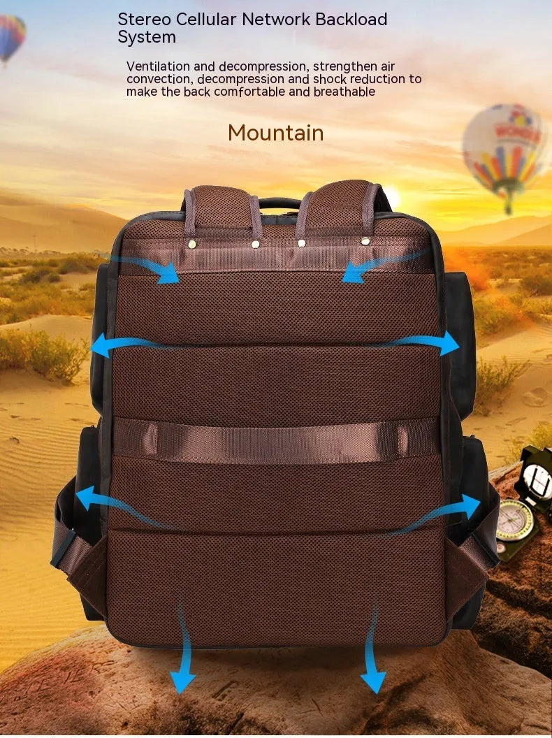 Dark brown leather backpack with embossed texture, double shoulder straps, and multiple zippered compartments for 17-inch laptops