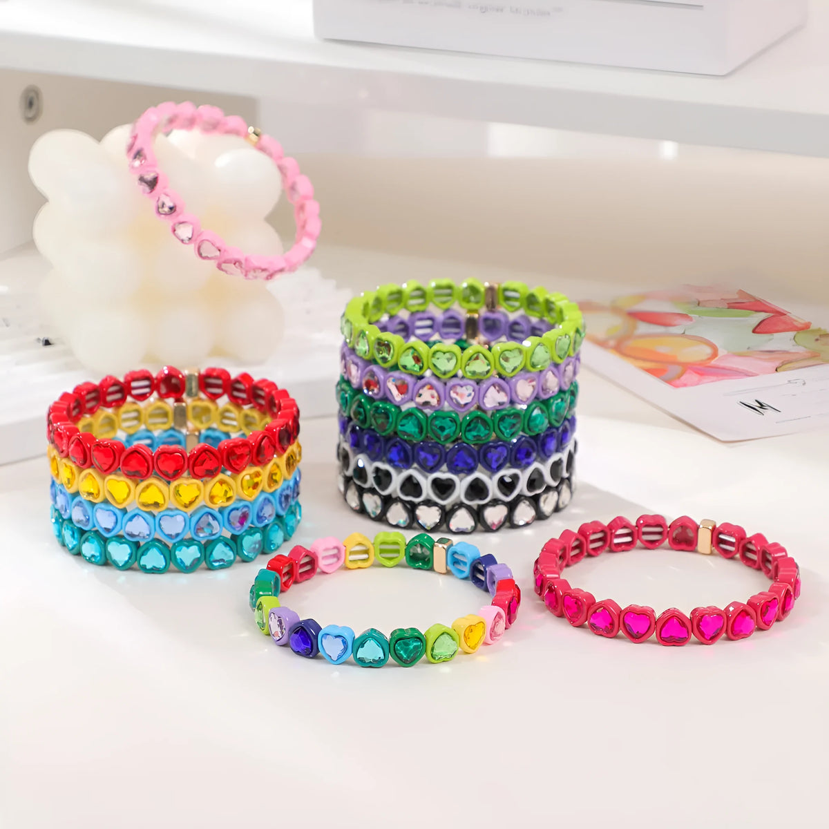 Rainbow enamel heart-shaped stretch bracelet in alloy with diamond process surface