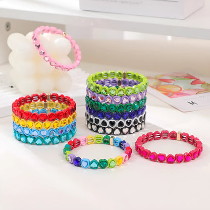 Rainbow enamel heart-shaped stretch bracelet in alloy with diamond process surface
