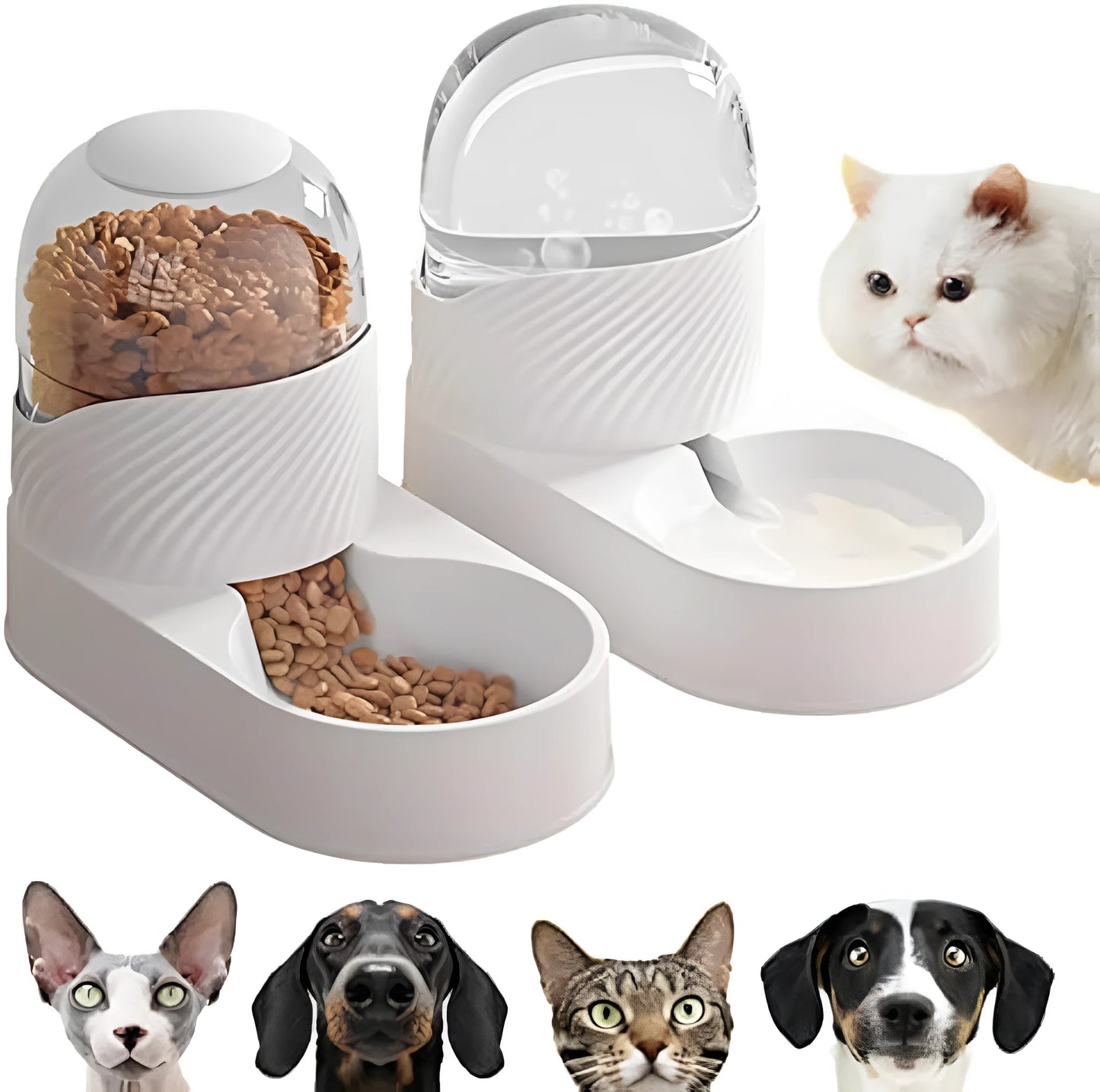 White gravity cat feeder and water dispenser set with wave-shaped design, showing disassembled components