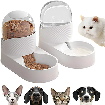 White gravity cat feeder and water dispenser set with wave-shaped design, showing disassembled components
