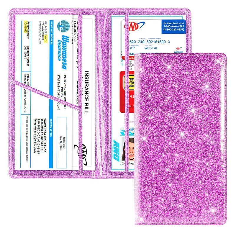 Purple PU leather car document wallet for holding a V5C registration document and insurance certificate.