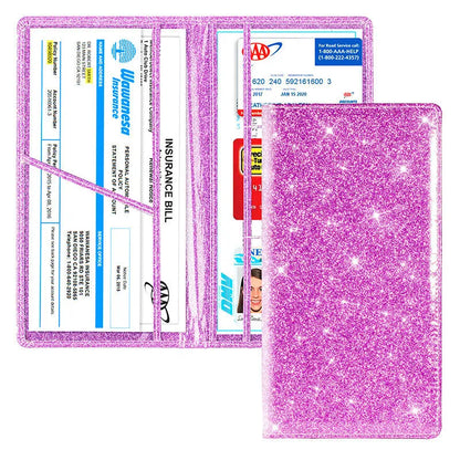 Purple PU leather car document wallet for holding a V5C registration document and insurance certificate.