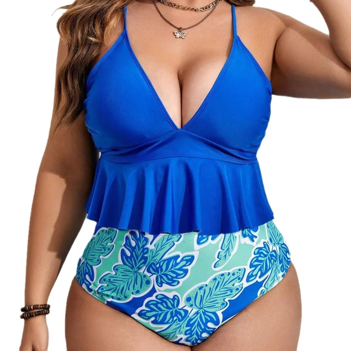 Blue brief-style two-piece bikini set on a hanger, showing separate top and shorts.