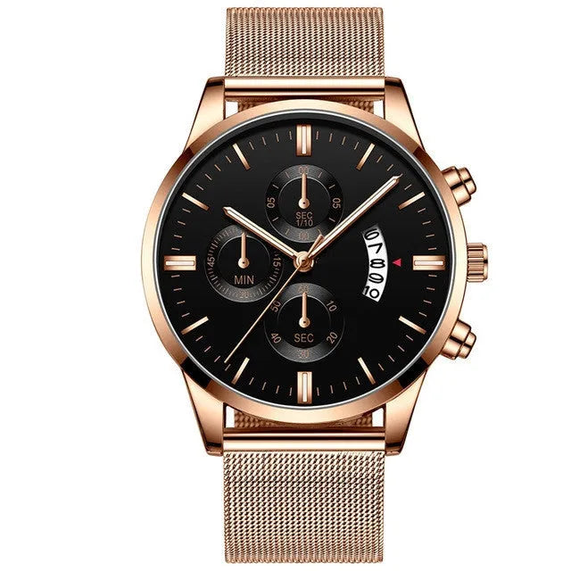 Men's stainless steel mesh band quartz watch showing two-tone colour options on a 4.2cm case.