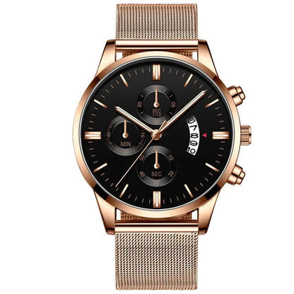 Men's stainless steel mesh band quartz watch showing two-tone colour options on a 4.2cm case.