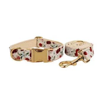Red cherry print dog collar set with light gold buckle and matching accessories