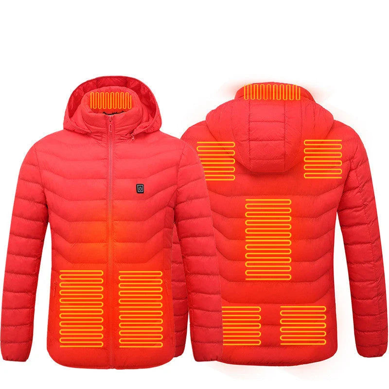 A warm, insulated puffer jacket with strategically placed heating elements to keep skiers cozy on the slopes.