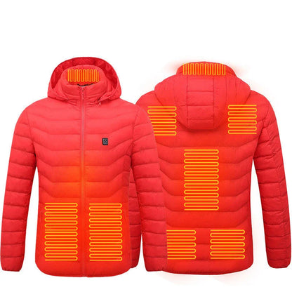 A warm, insulated puffer jacket with strategically placed heating elements to keep skiers cozy on the slopes.