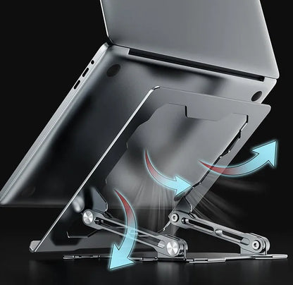 Grey aluminium alloy laptop stand with adjustable angle and folding legs for portable use
