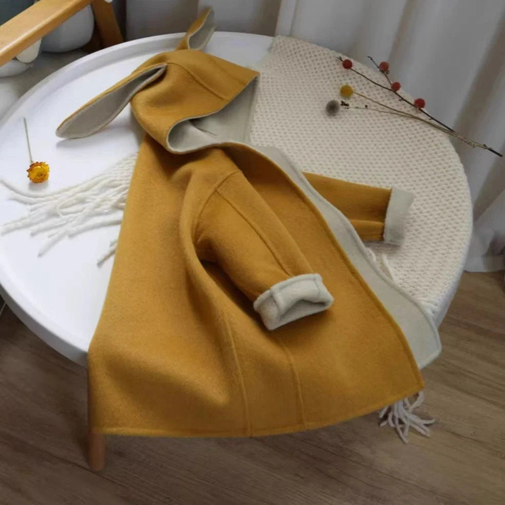 Milky white children's woolen coat with rabbit ears hood, mid-length design with long sleeves