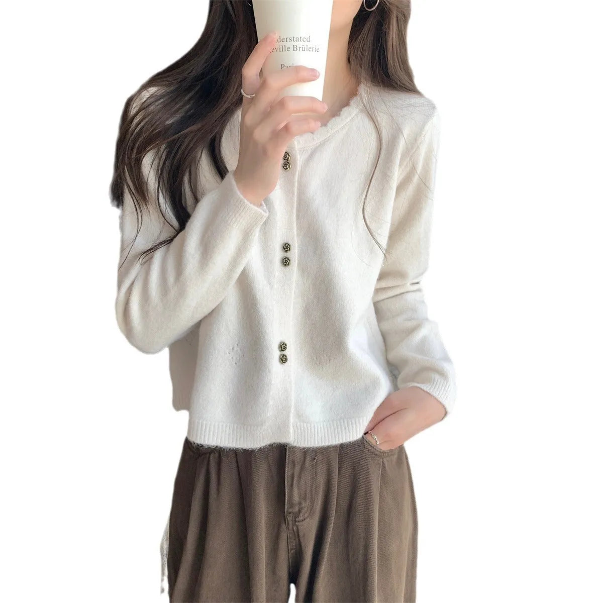 Women's long-sleeved acrylic fibre cardigan coat in regular fit with cardigan front, shown in available colours