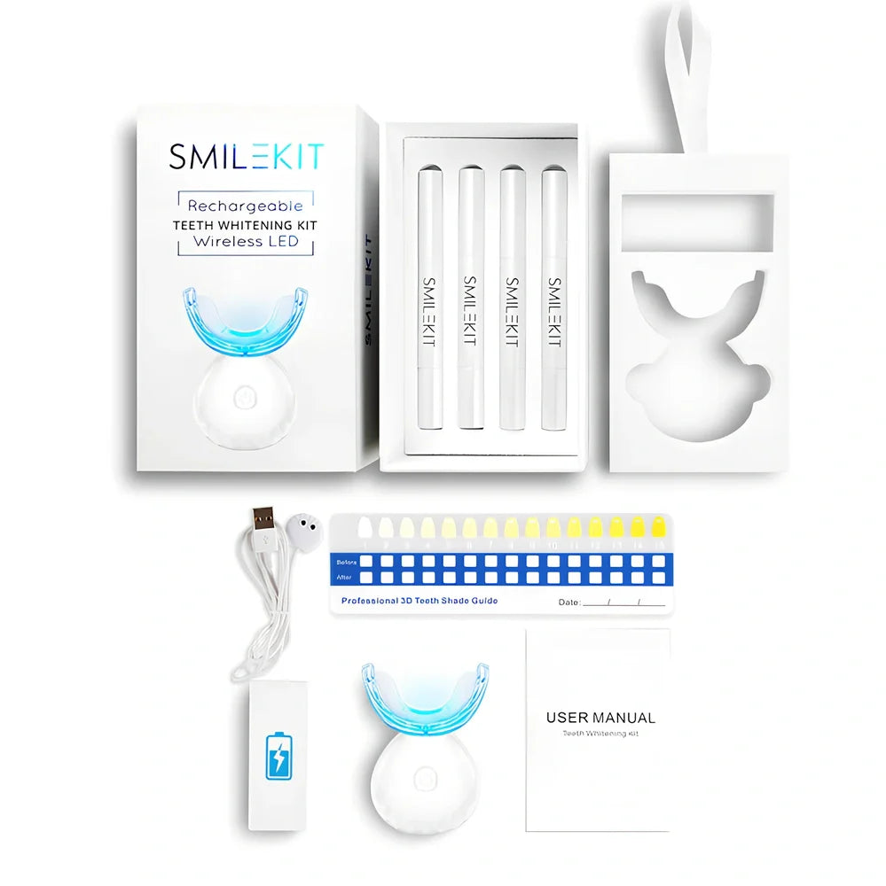 Shell Lamp wireless teeth whitening kit with LED light, gel pens, and colour card in black or white