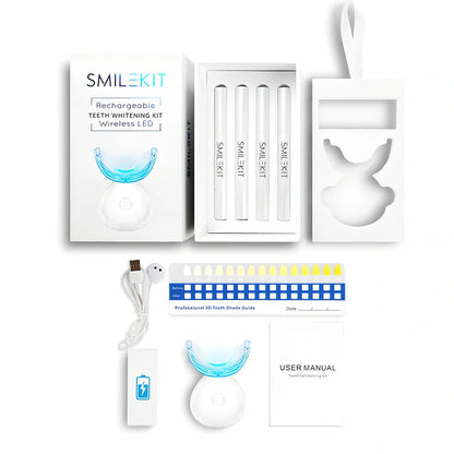 Shell Lamp wireless teeth whitening kit with LED light, gel pens, and colour card in black or white