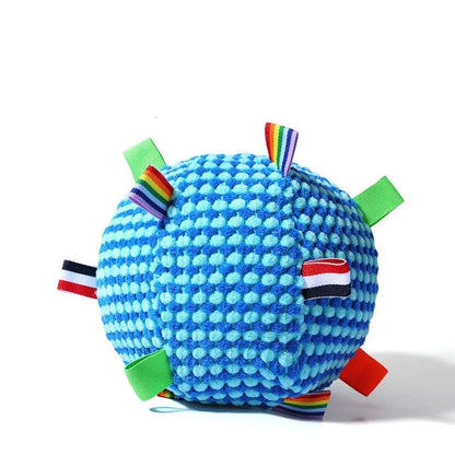 17cm diameter pineapple lattice dog toy in blue and yellow colour combination showing textured surface pattern