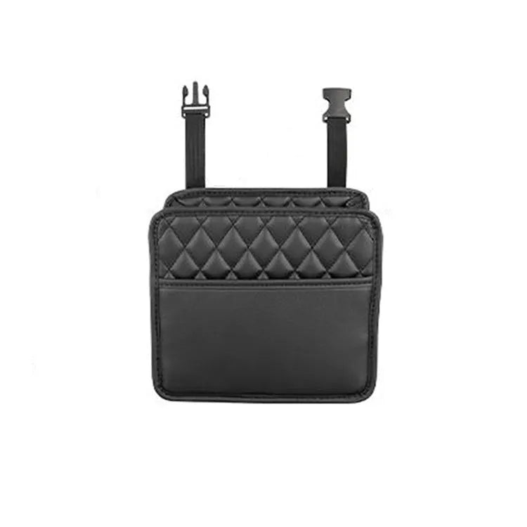 Leather car interior hanging storage bag organiser in black colour measuring 25x25x8 cm