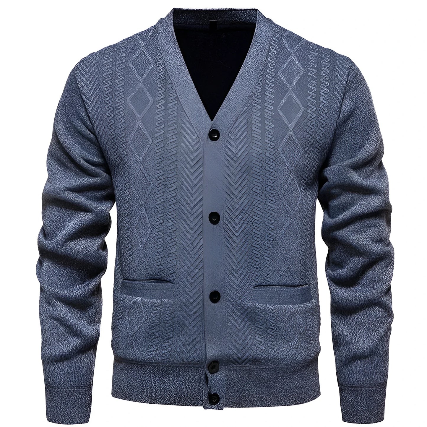 Man wearing a striped brown cardigan sweater with long sleeves and wool lining.