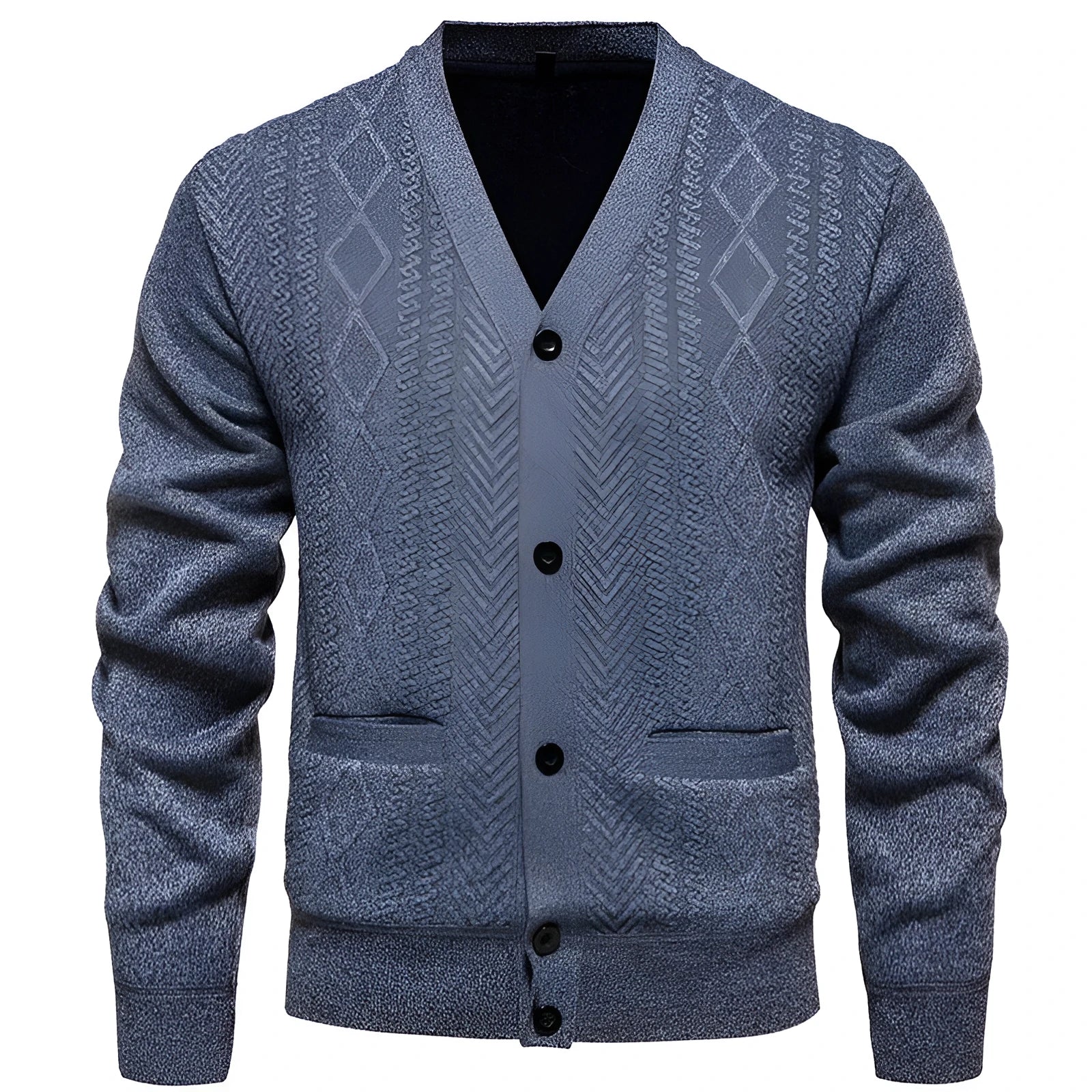Man wearing a striped brown cardigan sweater with long sleeves and wool lining.