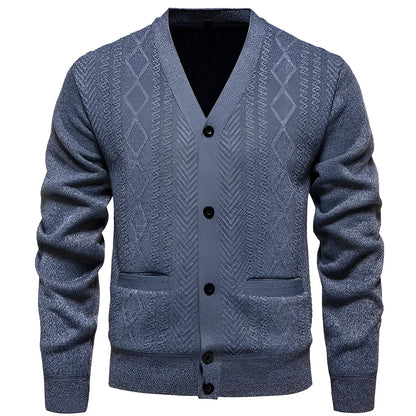 Man wearing a striped brown cardigan sweater with long sleeves and wool lining.