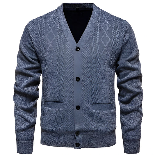 Man wearing a striped brown cardigan sweater with long sleeves and wool lining.
