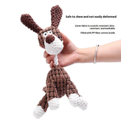 Bite-resistant puppy plush toy with relieving molar design in multiple animal styles including donkey and duck variations