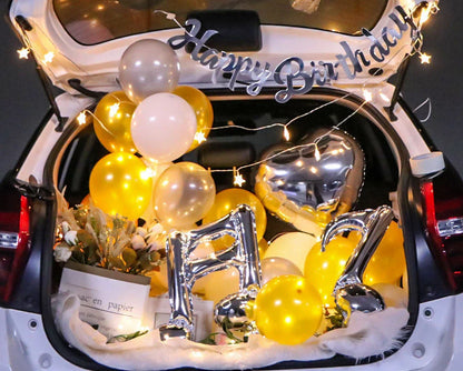 Romantic car trunk proposal decoration kit with balloons, lights, and proposal accessories