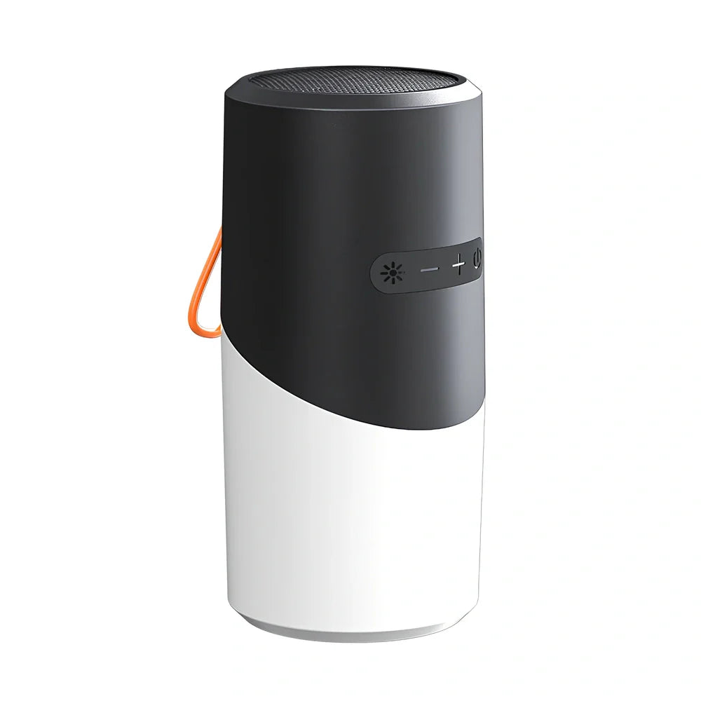 Black portable Bluetooth speaker with RGB lights, iron mesh covering, and compact circular design for outdoor audio