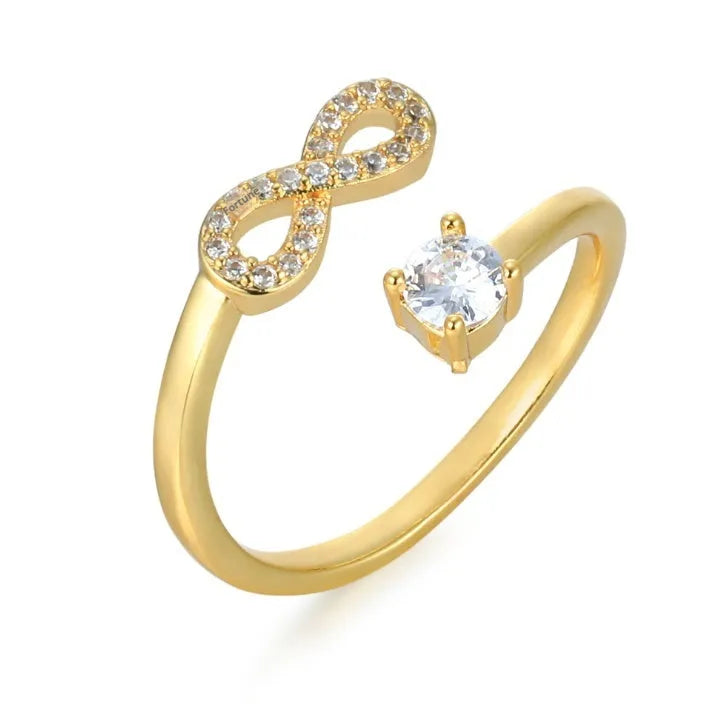 Personality diamond open zircon ring in gold, rose gold or silver with engraved letters, geometric shape, and sizes from A to Z plus symbols, made from metal and set with inlaid zircon stones