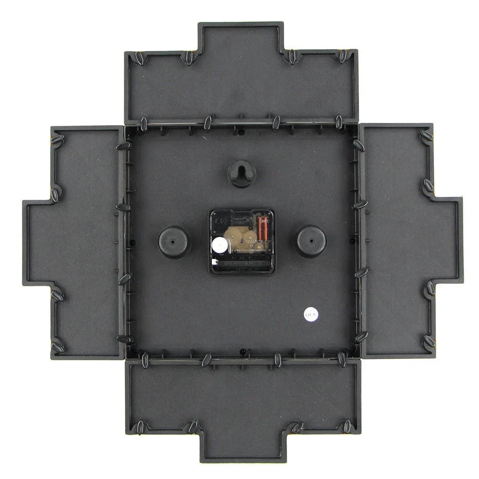 16-inch square black metal wall clock with silent quartz movement and pointer display