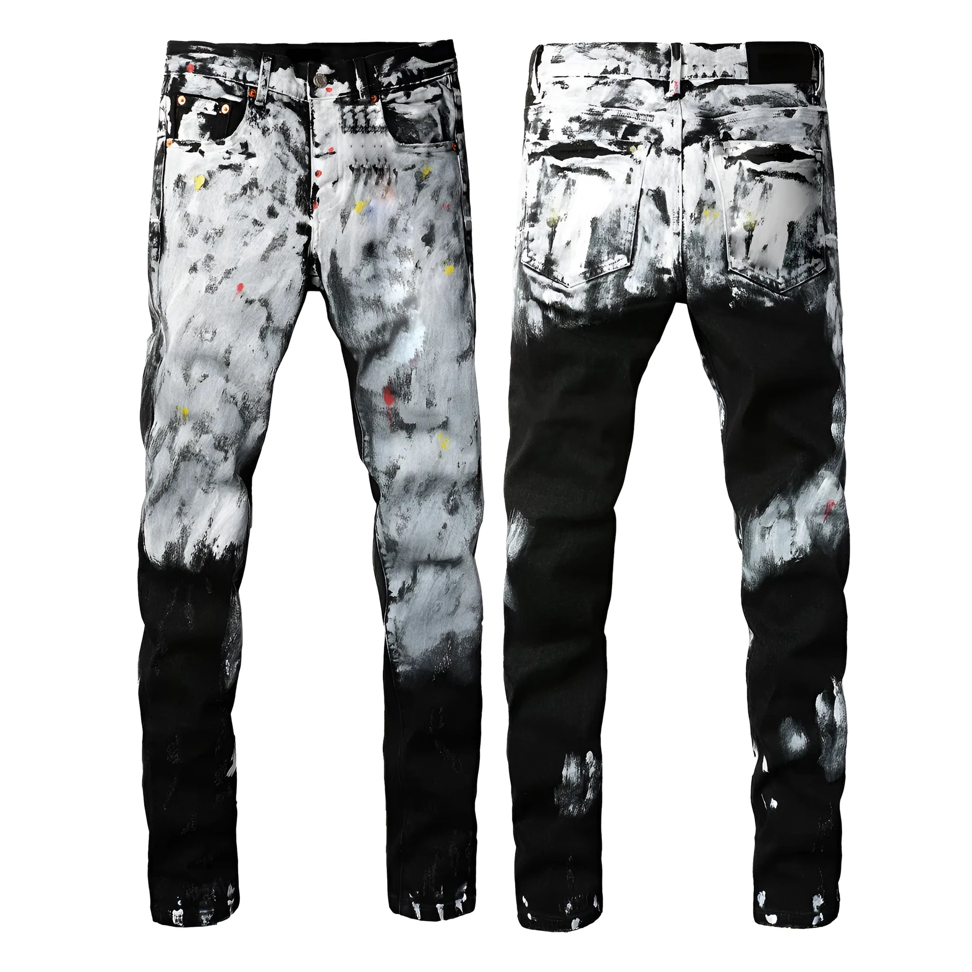 A pair of black men's slim-fit skinny jeans with a straight-leg pencil pants silhouette on a mannequin.