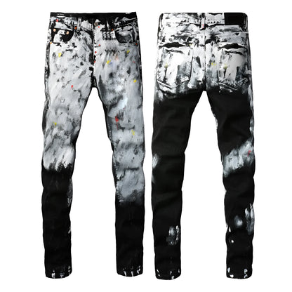 A pair of black men's slim-fit skinny jeans with a straight-leg pencil pants silhouette on a mannequin.