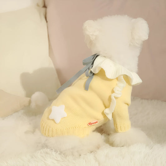 Yellow and patterned fairy dress style acrylic dog sweaters for small puppies in autumn.
