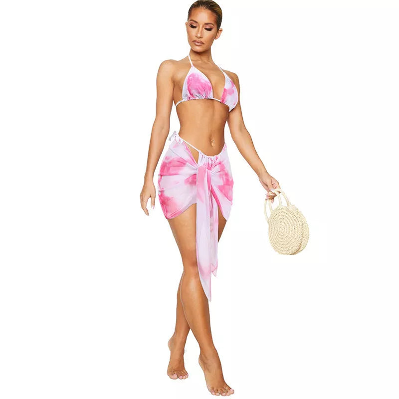 Women's three-piece split swimsuit in cotton blend, available in orange, pink, and purple