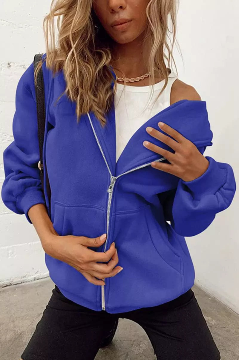 Women's solid color zipper hooded sweatshirt with drawstring, available in multiple colors and sizes.