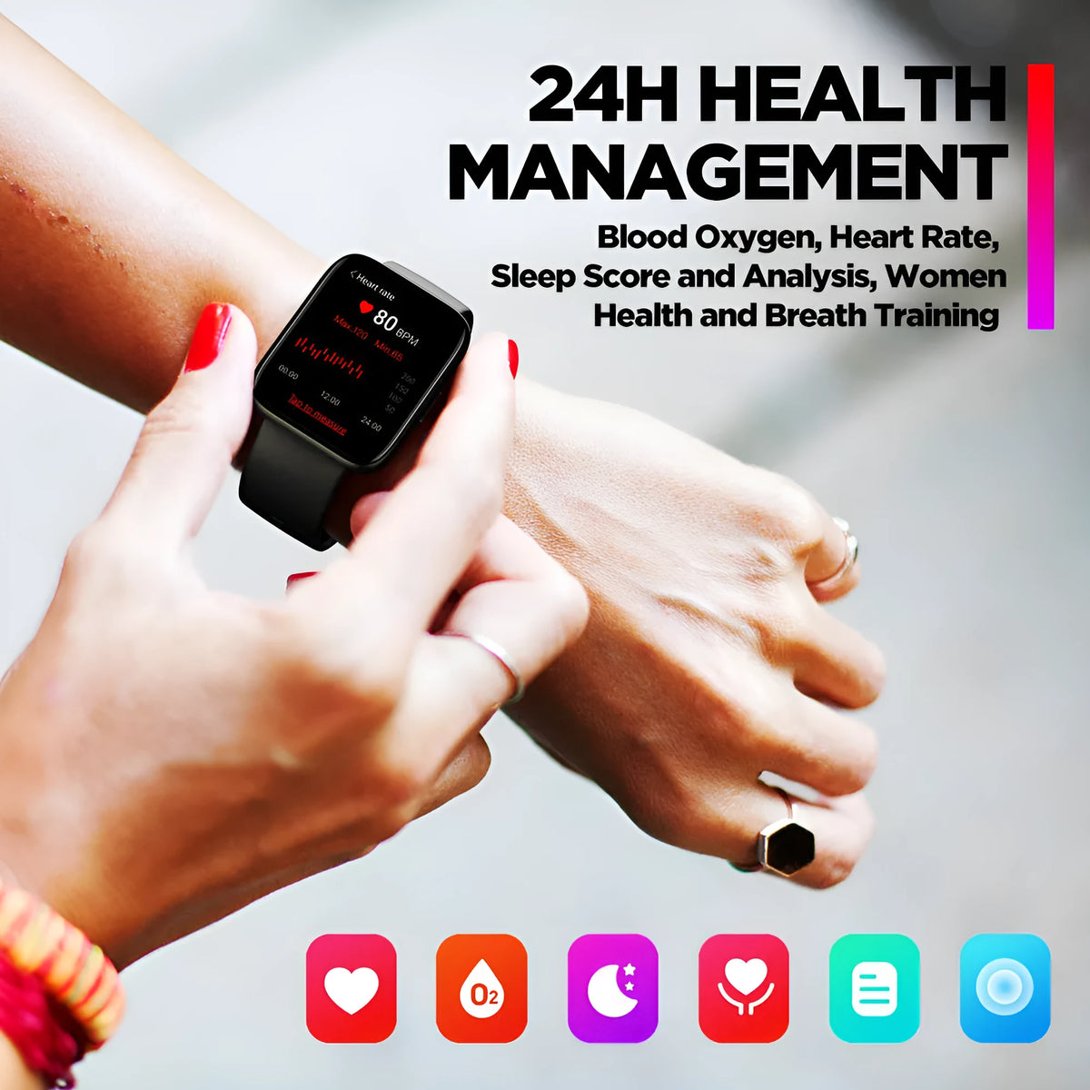 Black GPS sports smart watch with 1.78-inch LCD display and rubber wrist strap showing health metrics