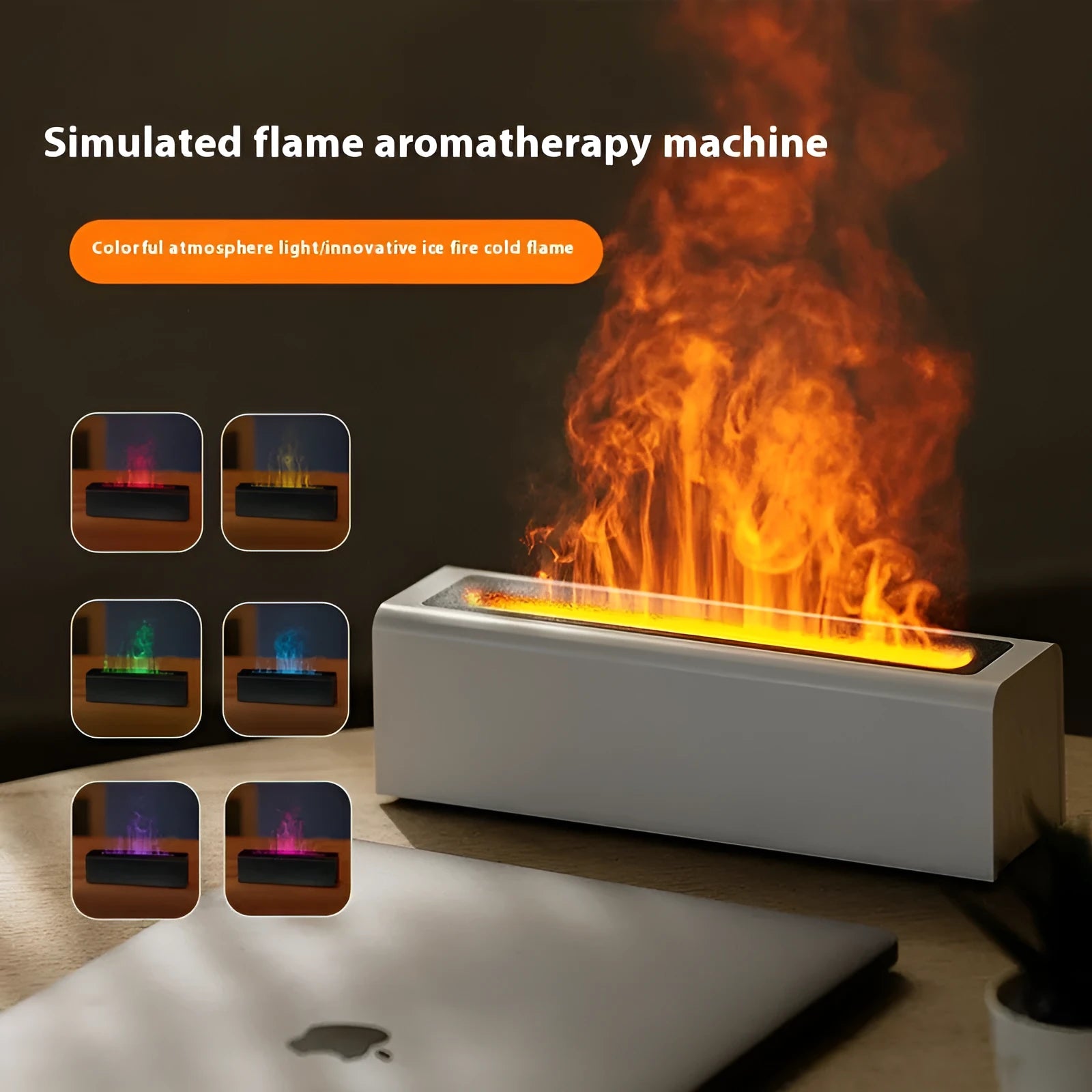 Square USB plug-in aroma diffuser with colourful simulated flame lighting effect