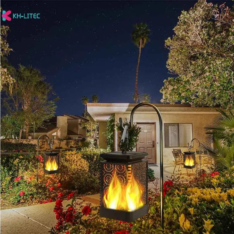 Black solar hanging flame torch light with flickering LED for garden decoration